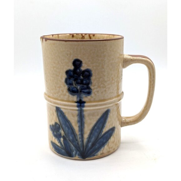 Vintage Artisan Salt Glazed Stoneware Creamer Mug Tan with Blue Flowers 24oz - Picture 5 of 8